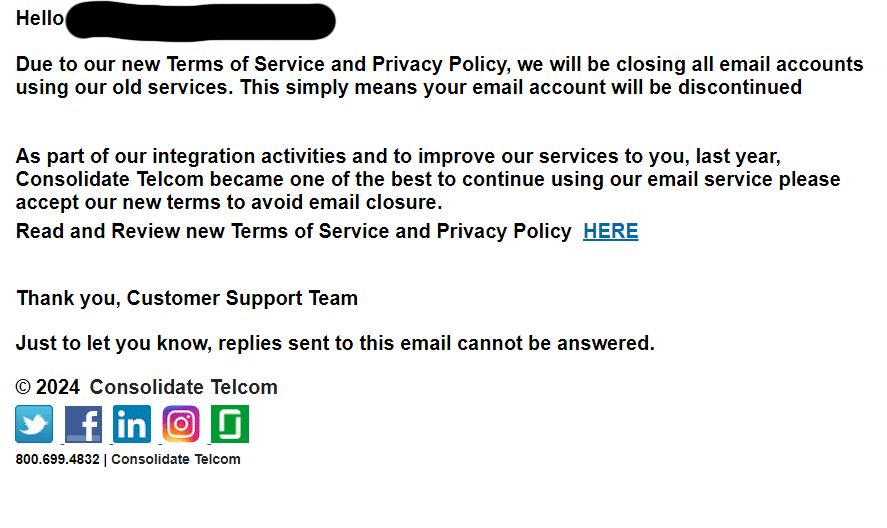 Consolidated Telcom - Terms of Service Phishing Email version 2.  